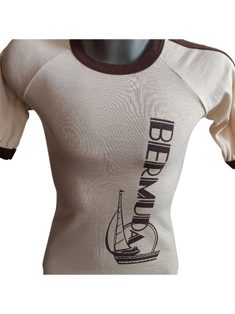 True Vintage T-Shirt Small Single Stitch Bermuda Ringer By Sherry 1970's USA
